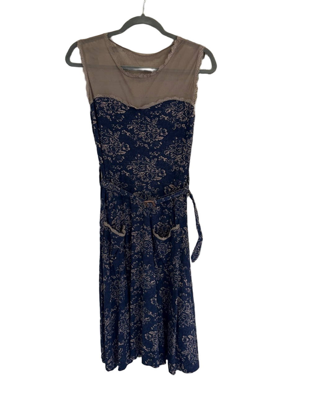 Effie's Heart Navy Floral Dress with Sheer Taupe Yoke
